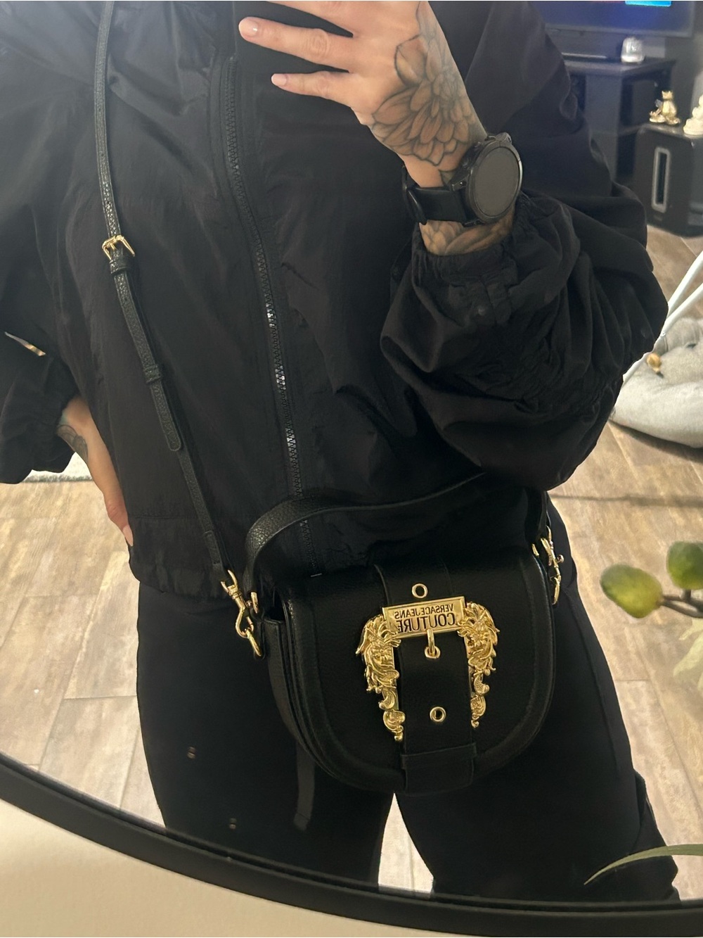 Versace Jeans Collection Black Leather Crossbody with Gold Medallion Hardware